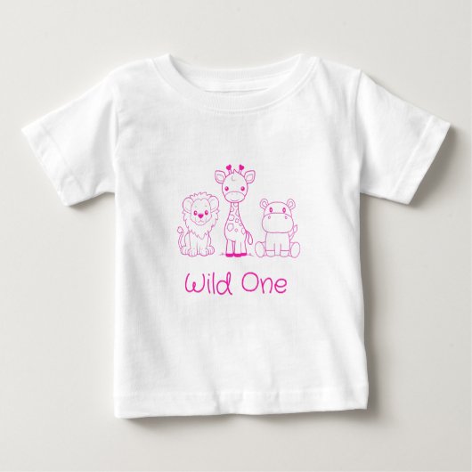 "Wild One" Giraffe, Löwe, Hippo Pink Kontur Baby T-shirt (Vorderseite)