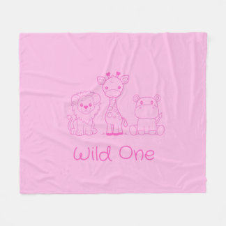 "Wild One" Giraffe, Löwe, Hippo Pink Kontur Fleecedecke