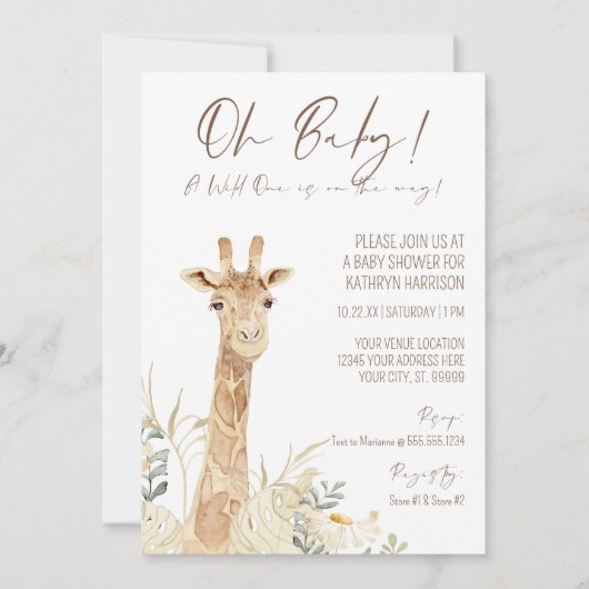 Wild One Giraffe White Floral Gender Neutral Baby Einladung (Vorderseite)