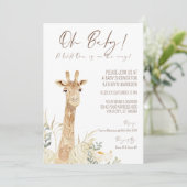 Wild One Giraffe White Floral Gender Neutral Baby Einladung (Stehend Vorderseite)