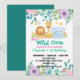 Wild One Giraffe Zoo Dschungel 1. Tiere Geburtstag Einladung