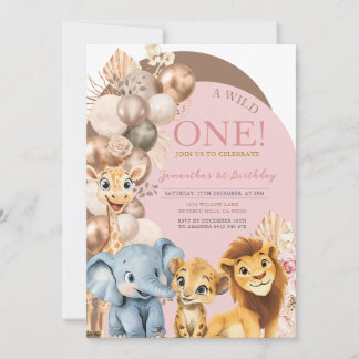 Wild One Girl Birthday Blush Gold Balloon  Einladung