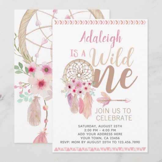 Wild One Girl Birthday Invitation, Dreamcatcher Einladung (Vorne/Hinten)