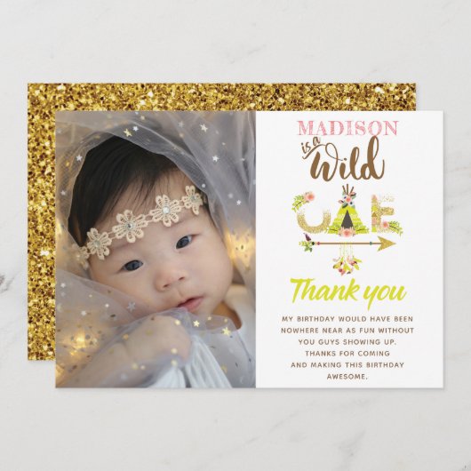 Wild One Girl Birthday Vielen Dank Gold Glitzer Dankeskarte (Vorne/Hinten)