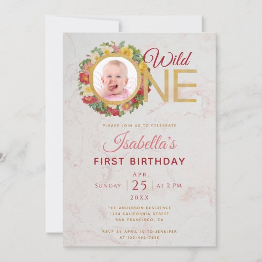 Wild One Girl Foto in Rose Wreath Erster Geburtsta Einladung (Vorderseite)