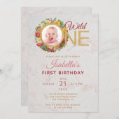 Wild One Girl Foto in Rose Wreath Erster Geburtsta Einladung (Vorne/Hinten)