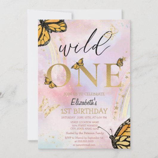 Wild One Gold Butterflies Rainbow Birthday Einladung (Vorderseite)