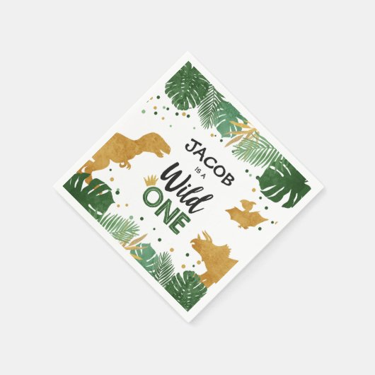Wild One Gold Dinosaur Boy Birthday Safari Serviette (Ecke)