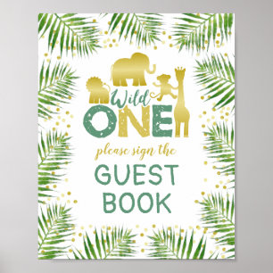 Wild One Gold Safari Baby Shower Guest Book Sign Poster