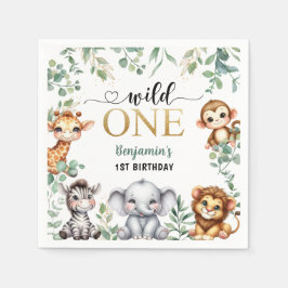 Wild One Gold Safari Jungle Animals 1st Birthday Serviette