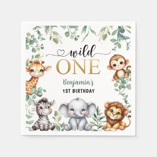 Wild One Gold Safari Jungle Animals 1st Birthday Serviette (Vorderseite)
