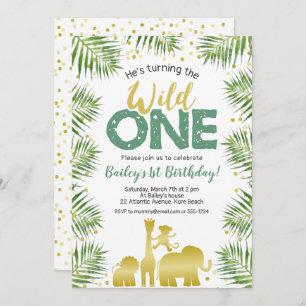Wild One Green Gold Safari Tiere 1. Geburtstag Einladung