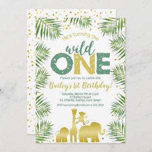 Wild One Green Gold Safari Tiere 1. Geburtstag Einladung