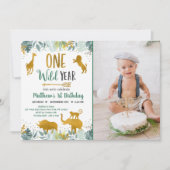 Wild One Greenery Gold Safari Geburtstag Einladung (Vorderseite)