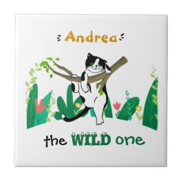 Wild One Greenery Safari Kitty Cat Kindergeburtsta Fliese