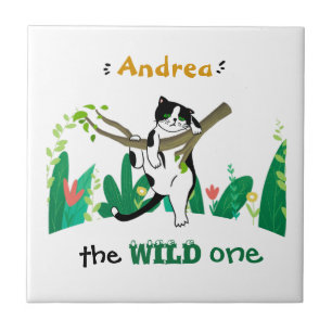 Wild One Greenery Safari Kitty Cat Kindergeburtsta Fliese