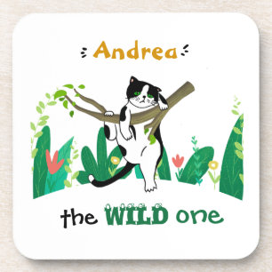 Wild One Greenery Safari Kitty Cat Kindergeburtsta Getränkeuntersetzer