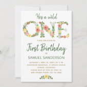 Wild ONE Junge Blumentypografie Drehbuch 1. Geburt Einladung (Vorderseite)