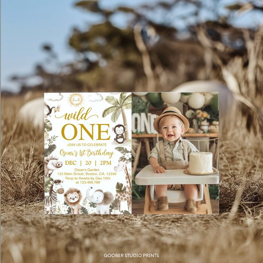 Wild One Jungle Animals 1st Birthday Party Photo Einladung