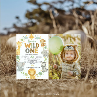 Wild One Jungle Animals Safari 1st Birthday Photo Einladung