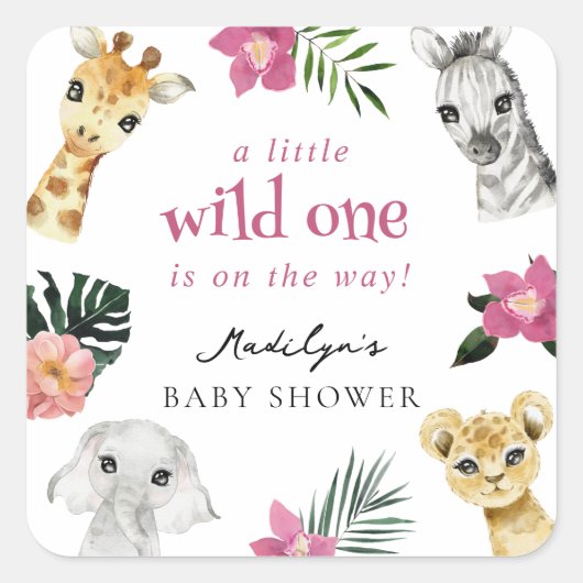 Wild One Jungle Baby Dusche Quadratischer Aufkleber (Vorderseite)