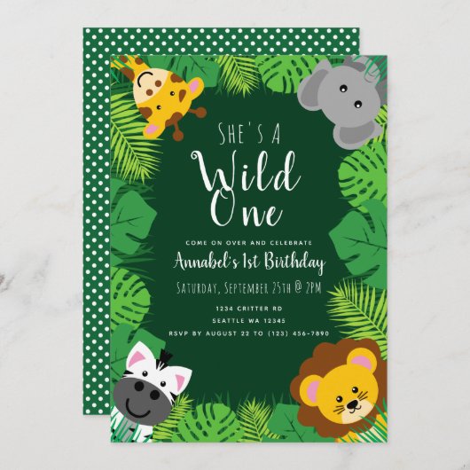 Wild One Jungle Critters Kindergeburtstag Einladung (Vorne/Hinten)