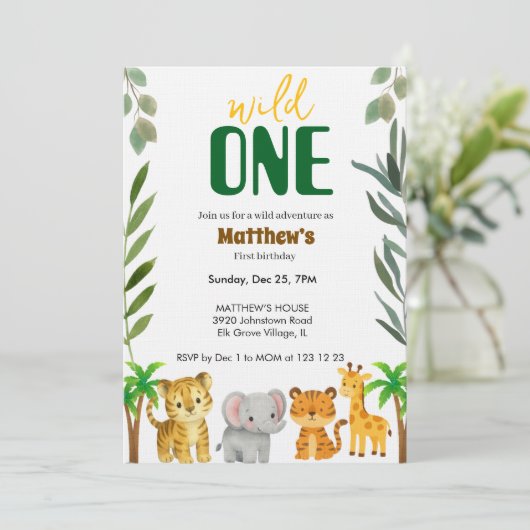 Wild One Jungle First Birthday Invitation Einladung (Stehend Vorderseite)