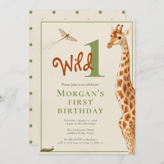 Wild One Jungle Giraffe 1. Geburtstag Party Einladung (Vorne/Hinten)