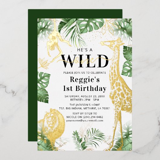 Wild One Jungle Greenery & Gold Foil Einladung (Vorderseite/Rückseite)