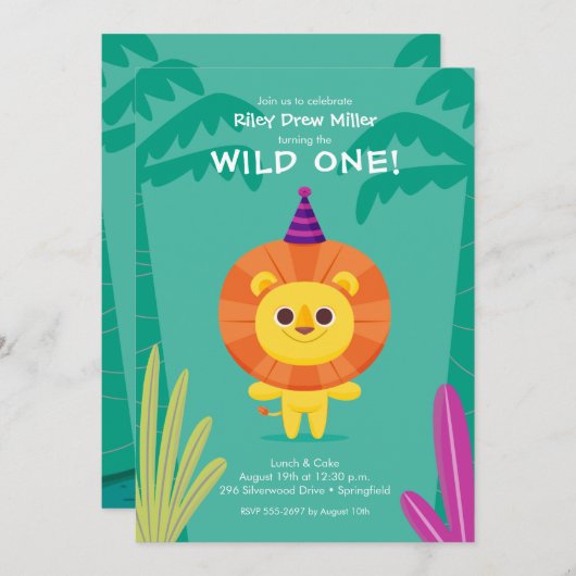 Wild One Jungle Lion Birthday Einladung (Vorne/Hinten)
