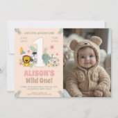 Wild One Jungle Party für Baby Girl mit Foto Einladung (Vorderseite)