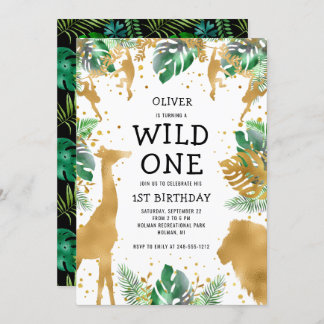 Wild One Jungle Safari 1. Geburtstag Gold Green Einladung