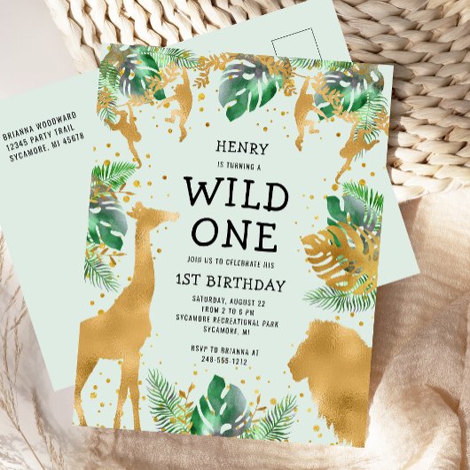 Wild One Jungle Safari 1. Geburtstag Grün Einladungspostkarte