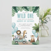 Wild One Jungle Safari 1st Birthday Party Einladung (Stehend Vorderseite)