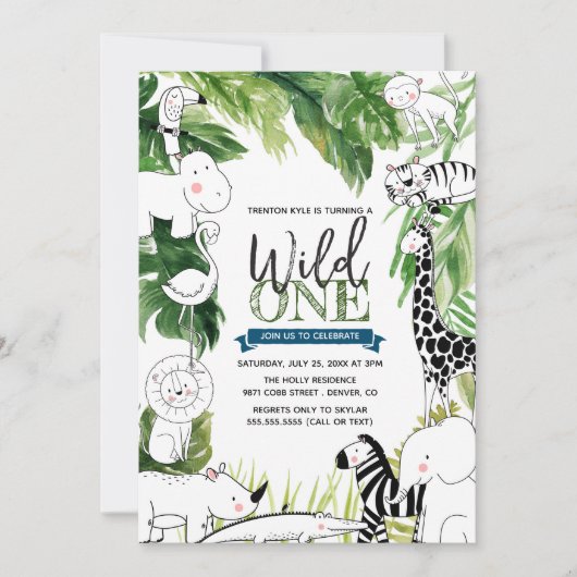 Wild One Jungle Safari Animal Boys erster Geburtst Einladung (Vorderseite)