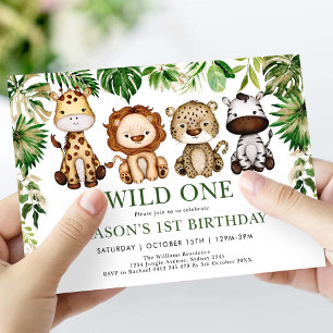 Wild One Jungle Safari Animals Boy 1. Geburtstag Einladung