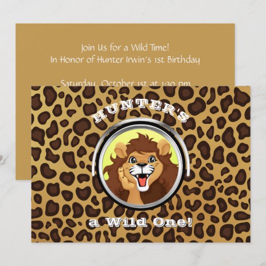 Wild One Jungle Safari Birthday Zoo Lion Leopard Einladung (Vorne/Hinten)