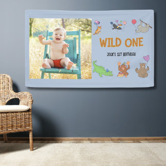 Wild One Jungle Safari Blue 1. Geburtstag Banner