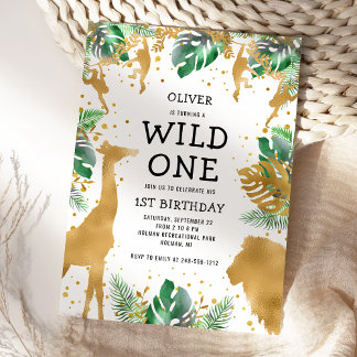 Wild One Jungle Safari Gold Green 1. Geburtstag Einladung