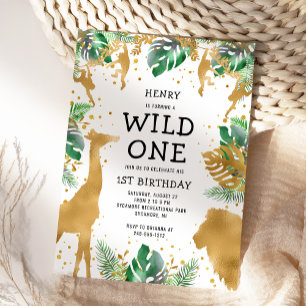 Wild One Jungle Safari Gold Green 1. Geburtstag Einladung
