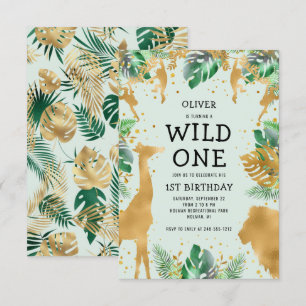 Wild One Jungle Safari Green Gold 1. Geburtstag Einladung