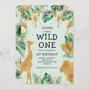 Wild One Jungle Safari Green Gold 1. Geburtstag Einladung