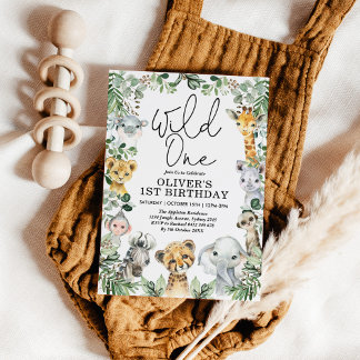 Wild One Jungle Safari Grüne 1. Geburtstag Junge Einladung