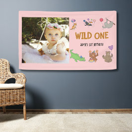 Wild One Jungle Safari Rosa 1. Geburtstag Banner