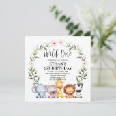 Wild One Jungle Safari Tiere 1. Geburtstag Einladung (Stehend Vorderseite)