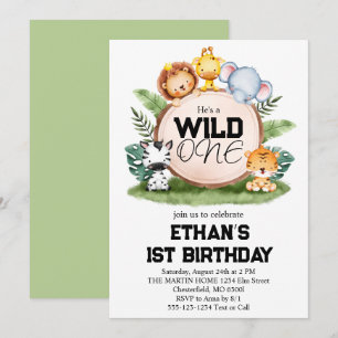 Wild One Jungle Safari Tiere 1. Geburtstag Party Einladung