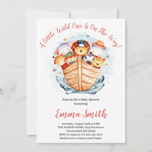 Wild-One-Jungle-Safari-Tiere schicken Kinderdusche Einladung (Vorderseite)