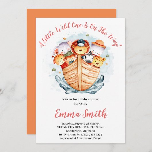 Wild-One-Jungle-Safari-Tiere schicken Kinderdusche Einladung (Vorne/Hinten)