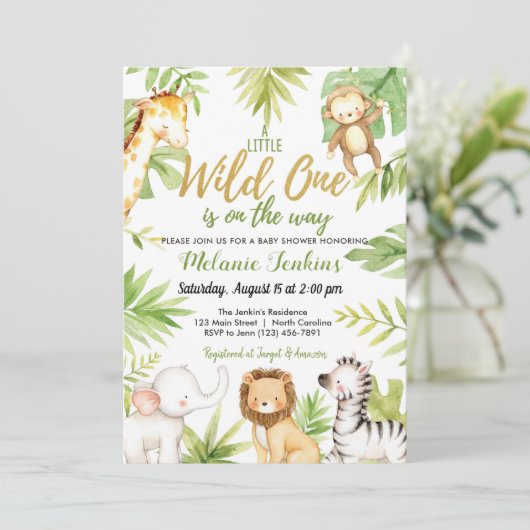 Wild-One-Jungle-Tiere Boy-Baby-Dusche Einladung (Stehend Vorderseite)