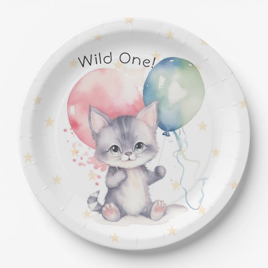 Wild One Kitten Balloons 1. Geburtstag Party Pappteller (Vorderseite)